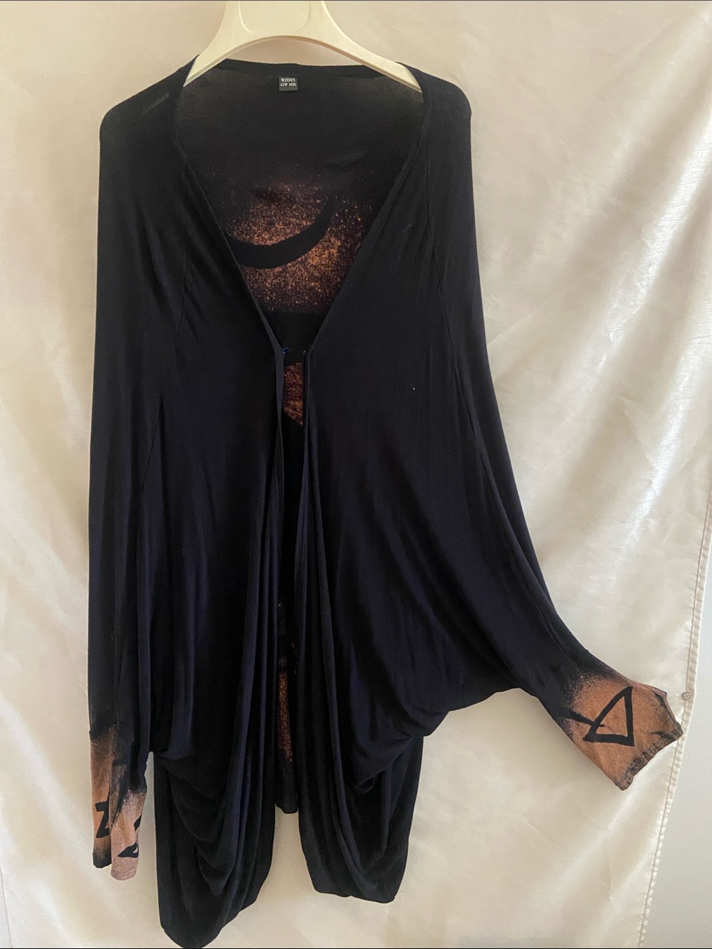 Wings of Sin  Black Draped Open-Front Cardigan with Rust Accent